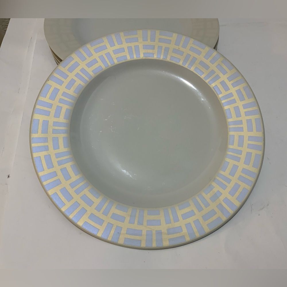 Set of 4 Bodum Porcelain /Salad plates Gold/Silver Geometric Rim